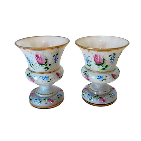 Czechoslovakia Other - Pair Vtg BOHEMIAN CZECH Cased Glass White Painted Pink Roses Vase Set -CHIP READ